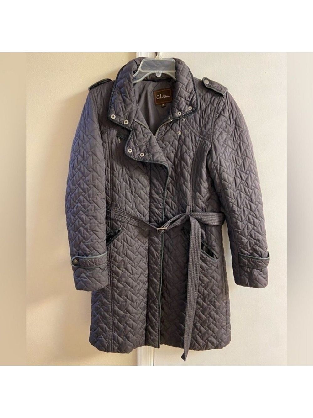 Cole Haan dark grey Quilted Trench Coat Medium - Picture 2 of 12